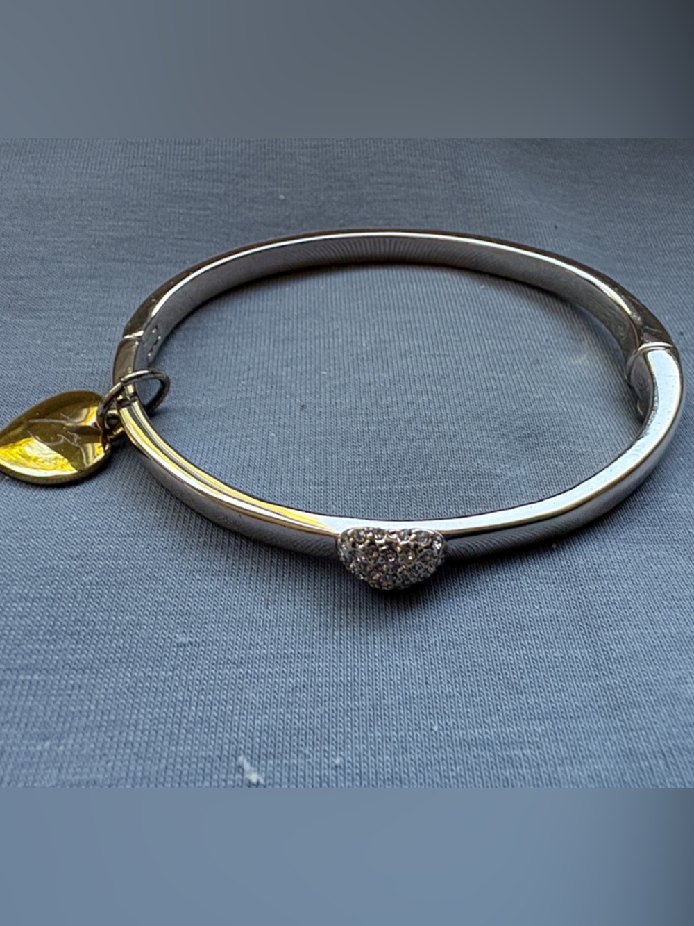 Two-Tone Heart Pavé Hinged Bangle Bracelet - Silver with Gold Charm